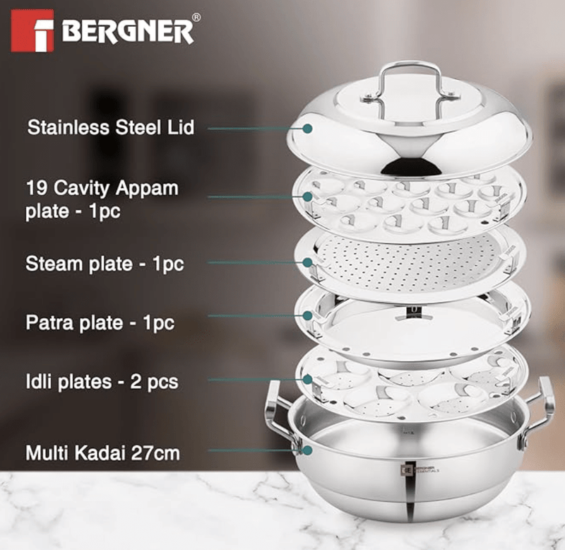bergner be bergner essentials triply stainless steel 27cm multi kadai 2 pcs idli plates 1 pc appam plate with 19 cavities 1 pc patra plate and 1 pc steam plate less cooking oil induction bottom-2