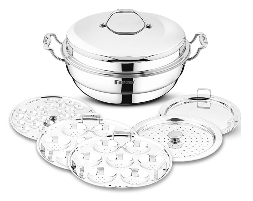 Bergner Argent Triply 28 cm Multi-Kadai, 6.1 L, Stainless Steel Lid & 6X Plate, for Appam/Idli/Modak/Sundal/Momo/, Cool Handles, Induction & Gas Ready, 5-Year Warranty by Bergner