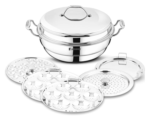 Bergner Argent Triply 28 cm Multi-Kadai, 6.1 L, Stainless Steel Lid & 6X Plate, for Appam/Idli/Modak/Sundal/Momo/, Cool Handles, Induction & Gas Ready, 5-Year Warranty by Bergner