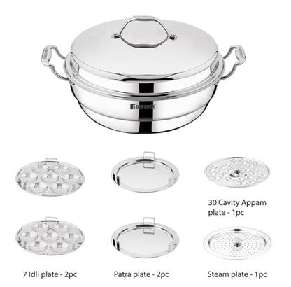 Bergner Argent Triply 28 cm Multi-Kadai, 6.1 L, Stainless Steel Lid & 6X Plate, for Appam/Idli/Modak/Sundal/Momo/, Cool Handles, Induction & Gas Ready, 5-Year Warranty by Bergner