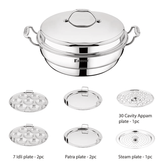 Bergner Argent Triply 28 cm Multi-Kadai, 6.1 L, Stainless Steel Lid & 6X Plate, for Appam/Idli/Modak/Sundal/Momo/, Cool Handles, Induction & Gas Ready, 5-Year Warranty by Bergner