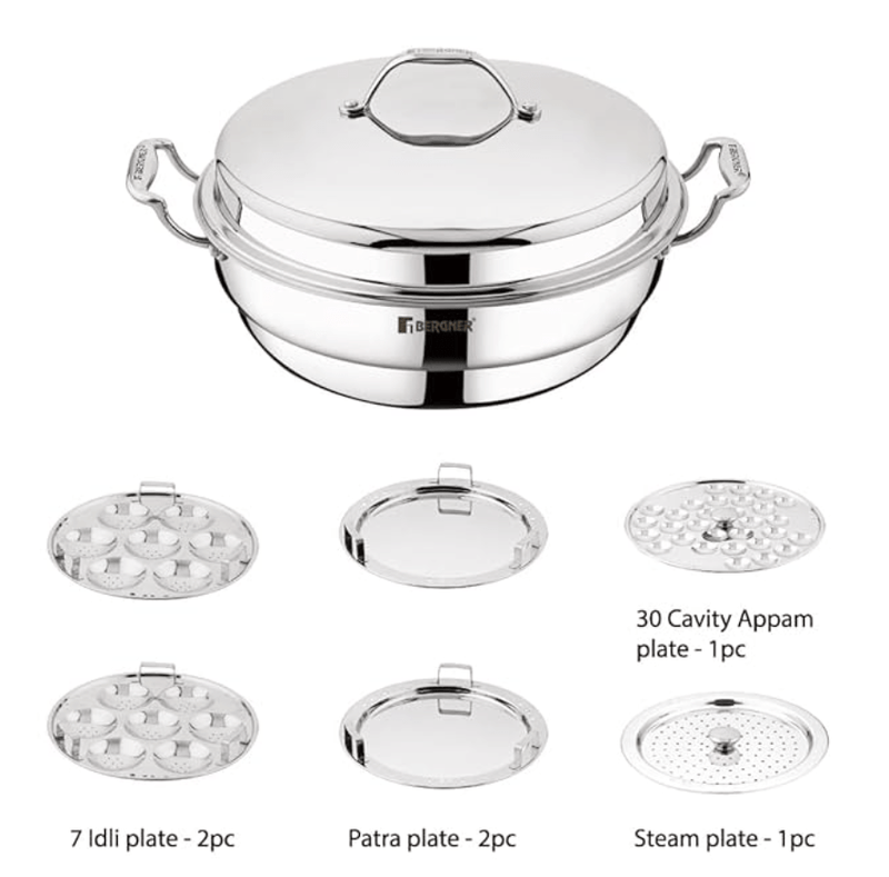 Bergner Argent Triply 28 cm Multi-Kadai, 6.1 L, Stainless Steel Lid & 6X Plate, for Appam/Idli/Modak/Sundal/Momo/, Cool Handles, Induction & Gas Ready, 5-Year Warranty by Bergner-2
