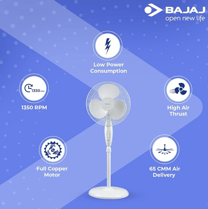 Bajaj Esteem 400 MM Oscillating Pedestal Fan for Home|Stand Fan with Tilt Mechanism|Voltage Protection|100% CopperMotor|HighAir Delivery|3-Speed Control|Telescopic Arrangement|2-Yr Warranty 【White】