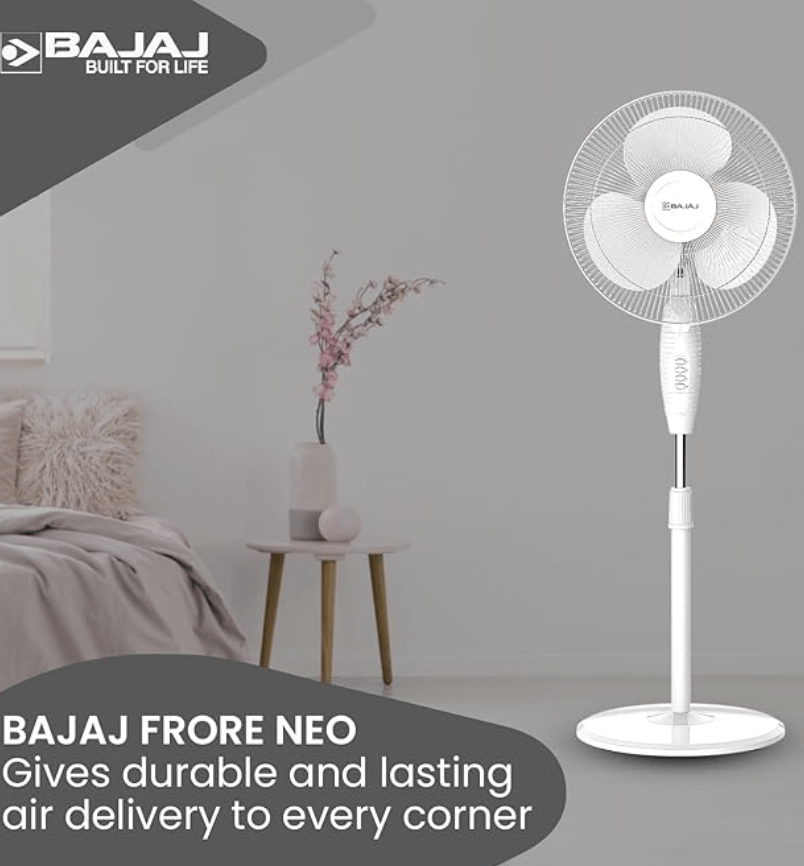 Bajaj Frore Neo 400 MM Oscillating Pedestal Fan for Home | Aerodynamically Balanced Blades | 100% CopperMotor | HighAir Delivery | 3-Speed Control | Rust Free | 2-Yr Warranty 【White】