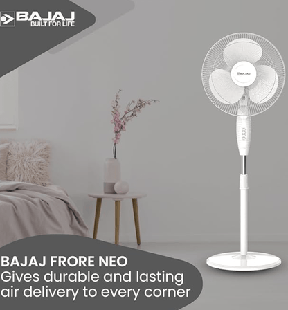 Bajaj Frore Neo 400 MM Oscillating Pedestal Fan for Home | Aerodynamically Balanced Blades | 100% CopperMotor | HighAir Delivery | 3-Speed Control | Rust Free | 2-Yr Warranty 【White】