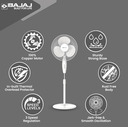 Bajaj Frore Neo 400 MM Oscillating Pedestal Fan for Home | Aerodynamically Balanced Blades | 100% CopperMotor | HighAir Delivery | 3-Speed Control | Rust Free | 2-Yr Warranty 【White】