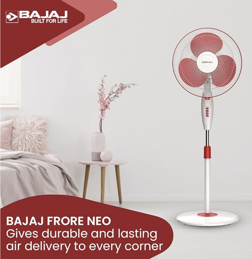 Bajaj Frore Neo 400 MM Oscillating Pedestal Fan for Home | Aerodynamically Balanced Blades| 100% CopperMotor| HighAir Delivery|3-Speed Control| Rust Free|2-Yr Warranty 【Red】