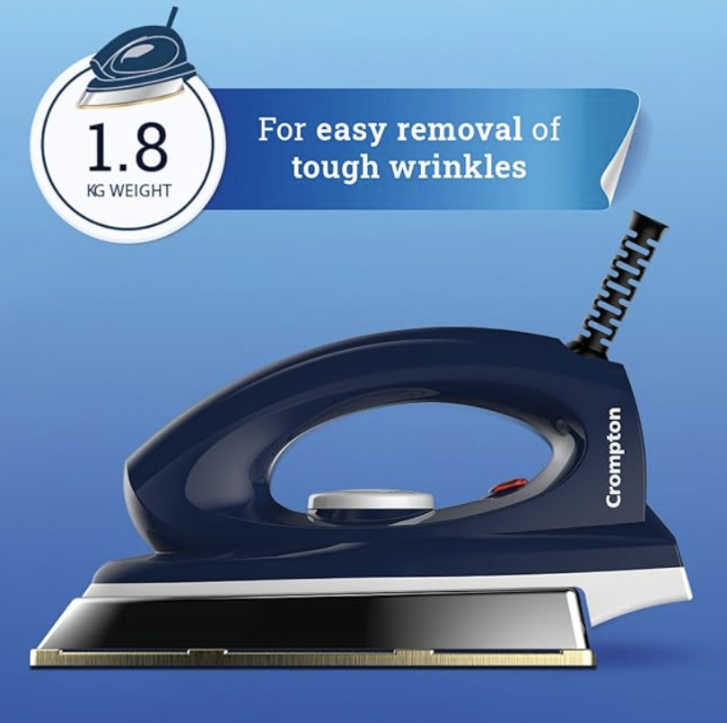Crompton Greaves Rhino Plus 1250 Watt Blue Heavy weight Dry Iron with Golden American Heritage Coating, Large (ACGEI-RHINOPLUS)