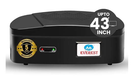 एवरेस्ट ईएनटी 60-एन नया मॉडल एबीएस बॉडी वोल्टेज स्टेबलाइजर 43 इंच तक एलईडी टीवी + होम थिएटर + सेट टॉप बॉक्स टेबल टॉप और वॉल माउंटेबल (कार्य सीमा: 90 वी से 290 वी) (काला रंग) 