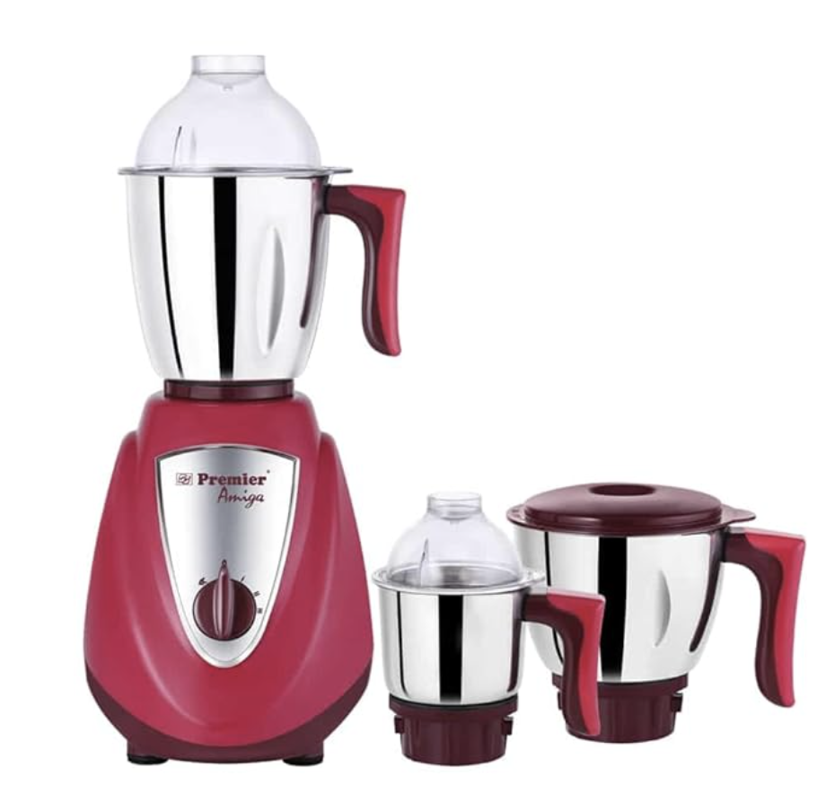 Premier Amiga Mixer Grinder with 3 Jars | 3 Stainless Steel Multipurpose Jars | Wet & Dry Grinding Stainless Steel Blade | ABS Body | 750W Powerful Motor | 5 Years Motor Warranty | Burgundy