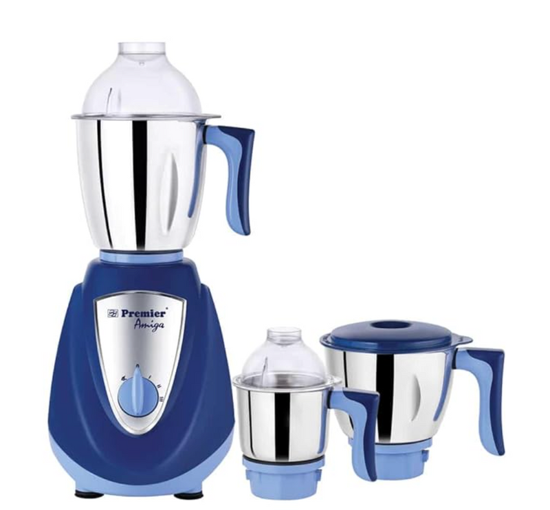 Premier Amiga Mixer Grinder with 3 Jars | 3 Stainless Steel Multipurpose Jars | Wet & Dry Grinding Stainless Steel Blade | ABS Body | 750W Powerful Motor | 5 Years Motor Warranty | Blue-1