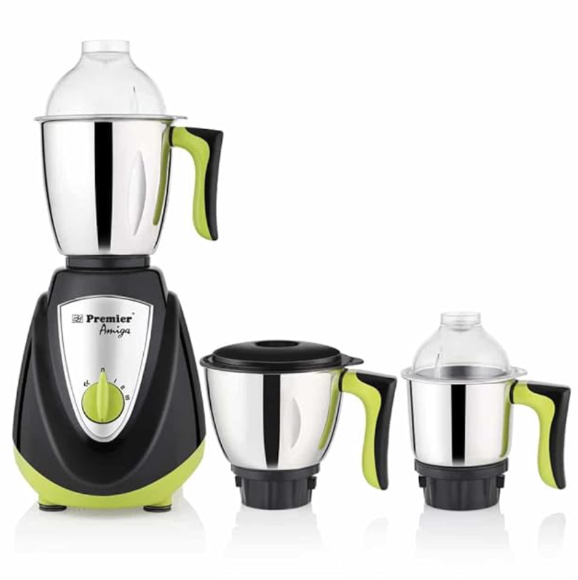 Premier Amiga Mixer Grinder with 3 Jars | 3 Stainless Steel Multipurpose Jars | Wet & Dry Grinding Stainless Steel Blade | ABS Body | 750W Powerful Motor | 5 Years Motor Warranty | Black & Green