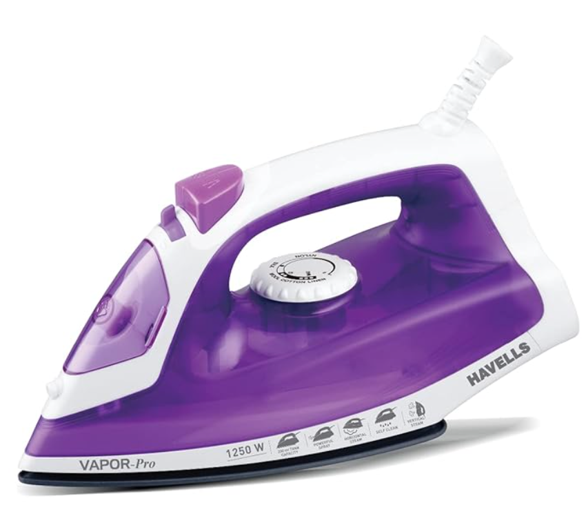 Havells Vapor Pro 1250 Watt Steam Iron With Powerfull Steam Spay | Horizontal/Vertical Steaming | Self Cleaning Function | 200Ml Tank Capacity | 2 Years Warranty - Purple - 1250 Watts, Abs