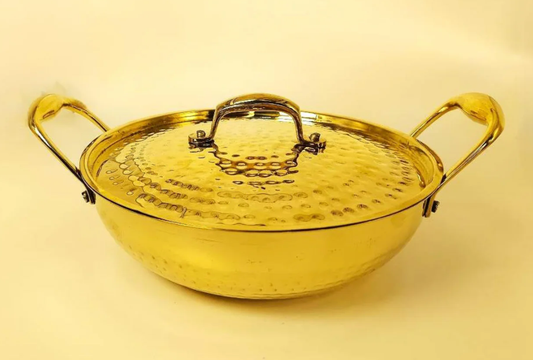 1.5 Liter Pure Brass Hammered Kadai / Kadhai with Tin Coating Inner Side | Kalai | with Lid.