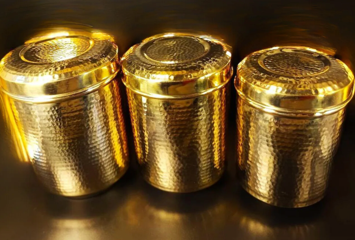 Handmade Traditional Hammered Pure Brass Pital Kitchen Storage Container 1,2,3 | Brass Storage Container | Brass Deep Dabba