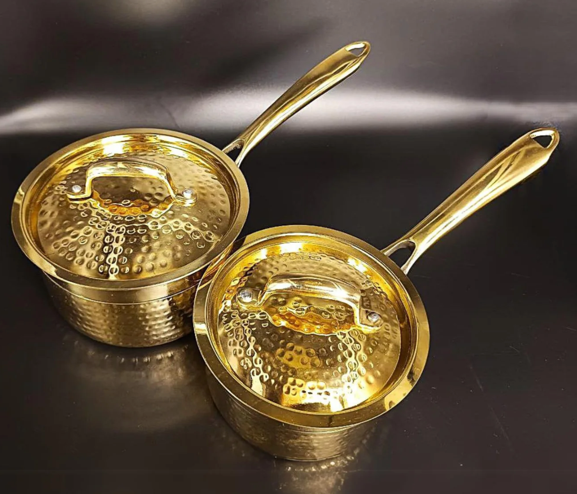 Set of 2 (1 & 1.5 Liter) Pure Brass Saucepan Hammered with Tin Coating Inner Side | Kalai | with Lid.