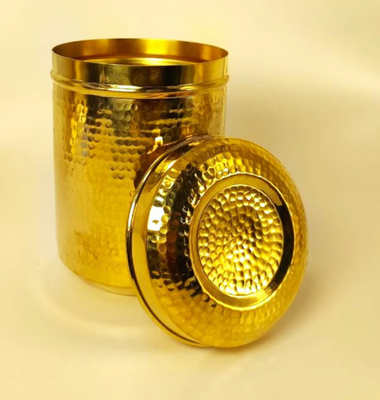 हस्तनिर्मित पारंपरिक हथौड़ा शुद्ध पीतल पिटल रसोई भंडारण कंटेनर 01 | पीतल भंडारण कंटेनर | पीतल गहरा डब्बा