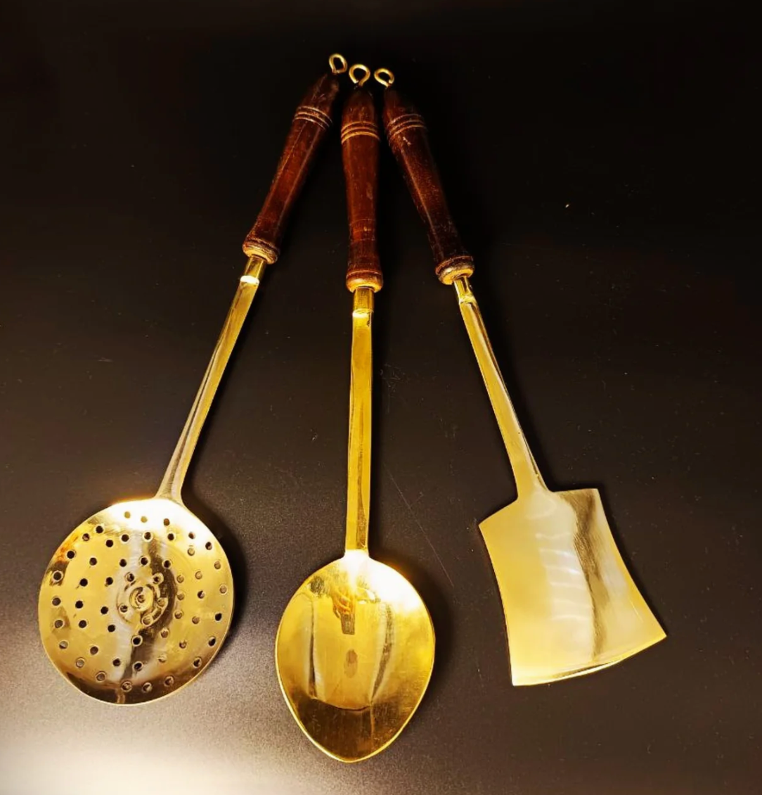 Set of 3 Pure Brass Ladles with Wooden Handle