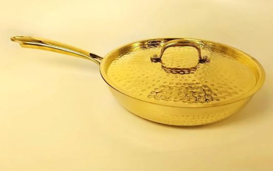 1.5 Liter Pure Brass Hammered Frying Pan with Tin Coating Inner Side | Kalai | with Lid.