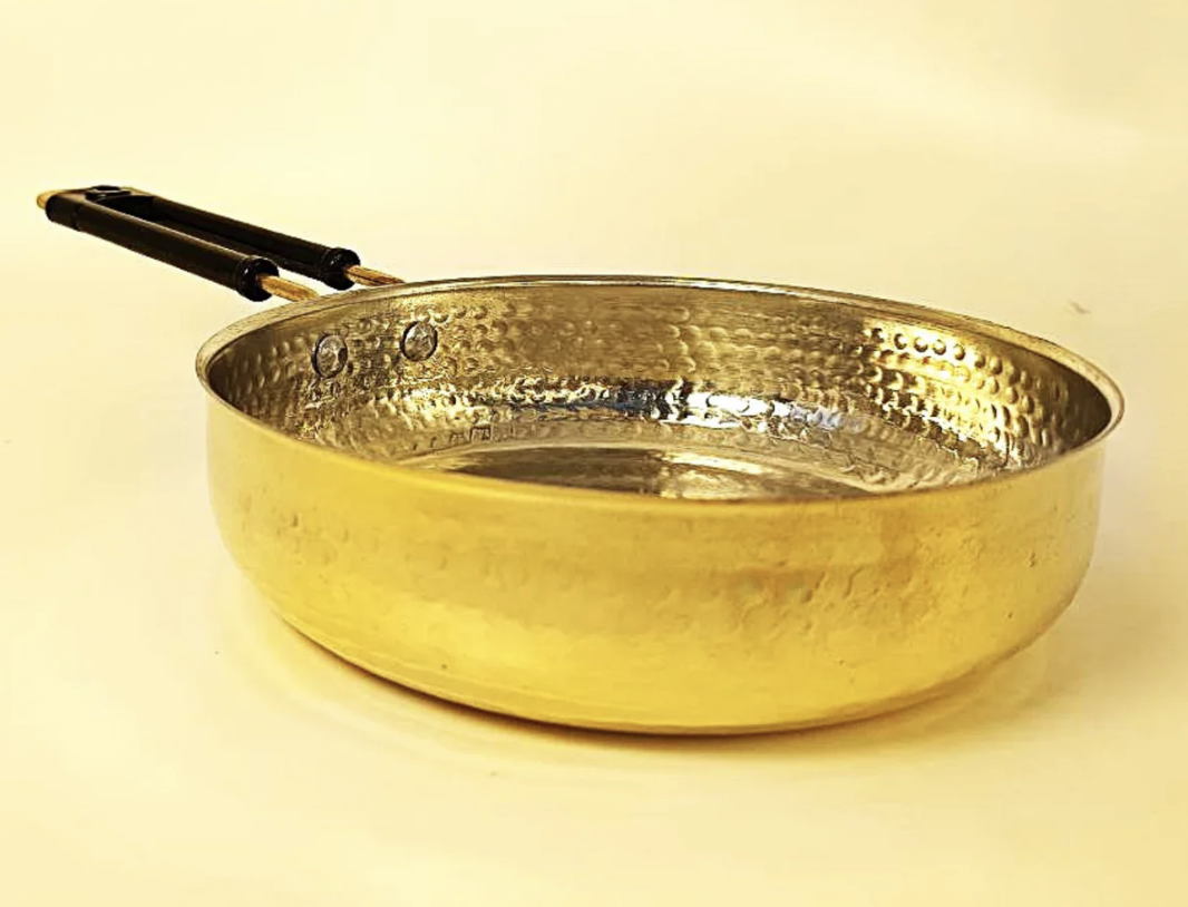 1 Liter Pure Brass Hammered Frying Pan with Tin Coating Inner Side | Kalai | with Heat Resistant long handle.