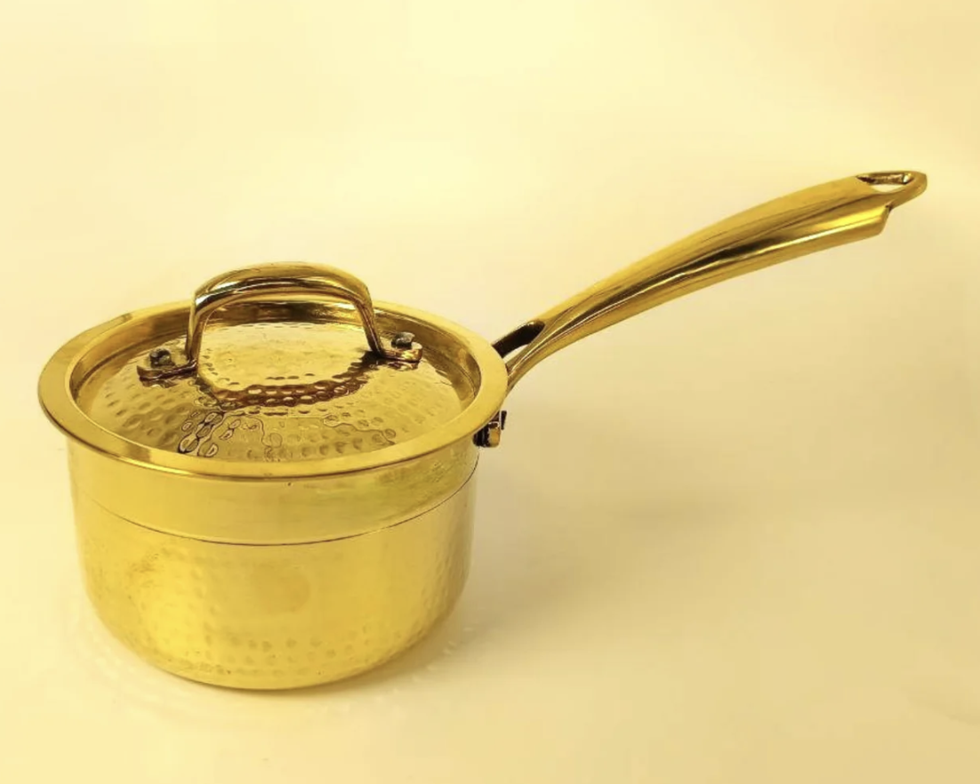 elevate your culinary experience with our pure brass hammered saucepan size height diameter weight handle length 2 5 liter 14 5 cm 20 cm 1248 g 17 cm pure brass saucepan hammered with ti
