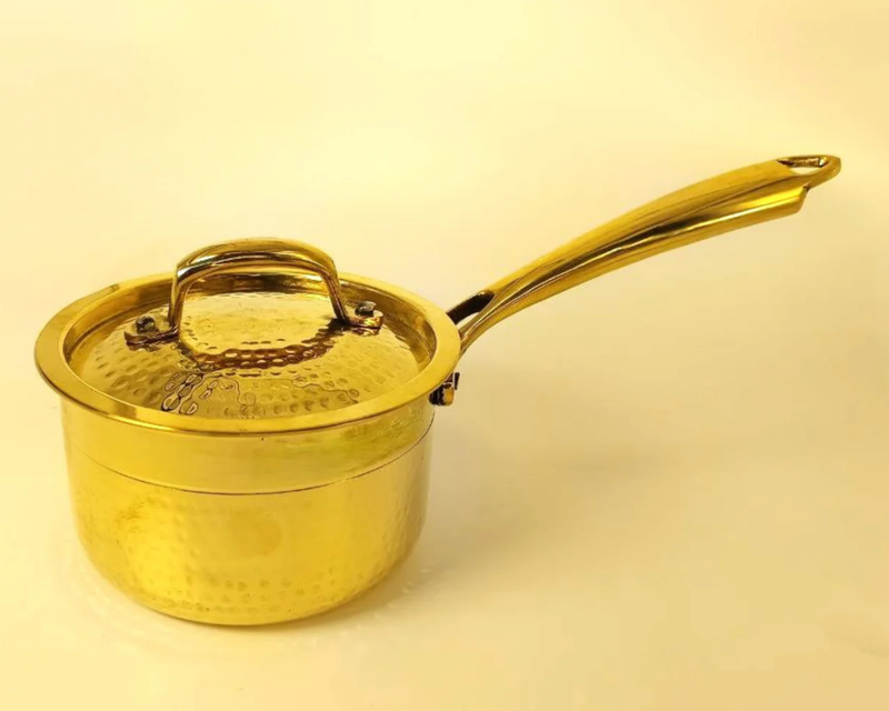 1.5 Liter Pure Brass Saucepan Hammered with Tin Coating Inner Side | Kalai | with Lid.-1