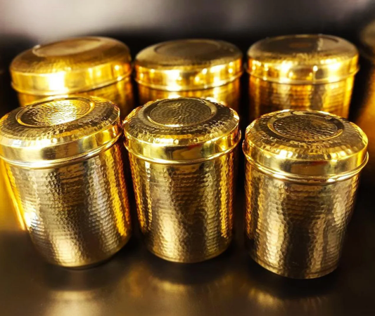 Handmade Traditional Hammered Pure Brass Pital Kitchen Storage Container 1-6 | Brass Storage Container | Brass Deep Dabba