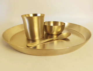 Kansa Thali Plate 12 Inch | Glass | Katori | Spoon - Matte Finish-1
