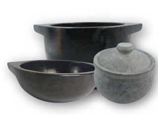 Combo 1.6 – 1.8 Liter Handmade Natural Soapstone / Kalchatti | Deep Cooking Pot + 1.6 - 1.8 Liter Kadhai + 700 - 800 ML Curd Pot | Pre-Seasoned