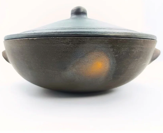 1 Liter Premium Handcrafted Clay Kadai with Lid for Cooking and Serving. Color: Black