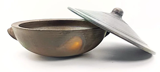 1 Liter Premium Handcrafted Clay Kadai with Lid for Cooking and Serving. Color: Black