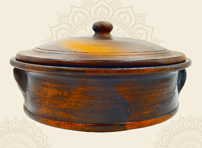 2 Liter Premium Handcrafted Clay Pan | Pot | Handi with Lid for Cooking and Serving. Color: Black