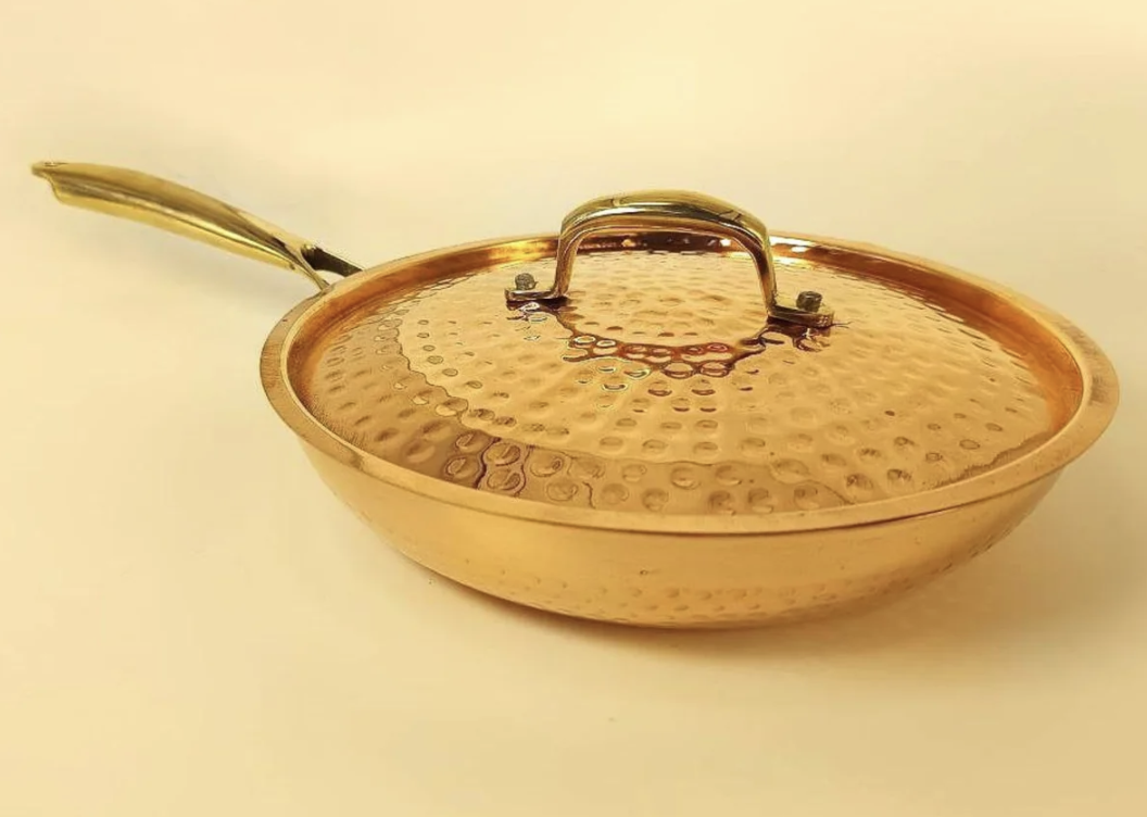 1 Liter Pure Copper Hammered Frying Pan with Tin Coating Inner Side | Kalai | with Lid.