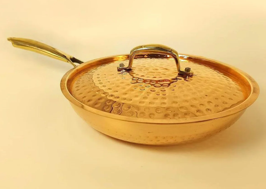 1 Liter Pure Copper Hammered Frying Pan with Tin Coating Inner Side | Kalai | with Lid.