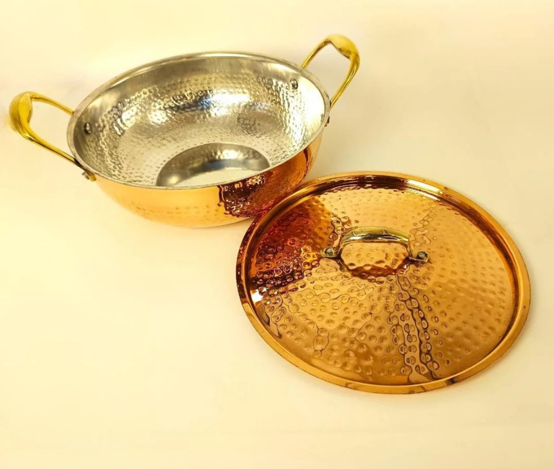 1 Liter Pure Copper Hammered Kadai / Kadhai with Tin Coating Inner Side | Kalai | with Lid.-1