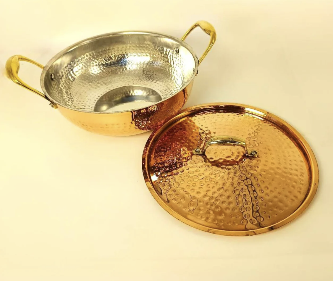 1.5 Liter Pure Copper Hammered Kadai / Kadhai with Tin Coating Inner Side | Kalai | with Lid.