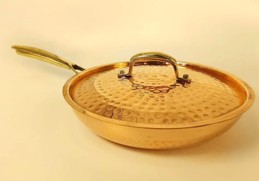 1.5 Liter Pure Copper Hammered Frying Pan with Tin Coating Inner Side | Kalai | with Lid.