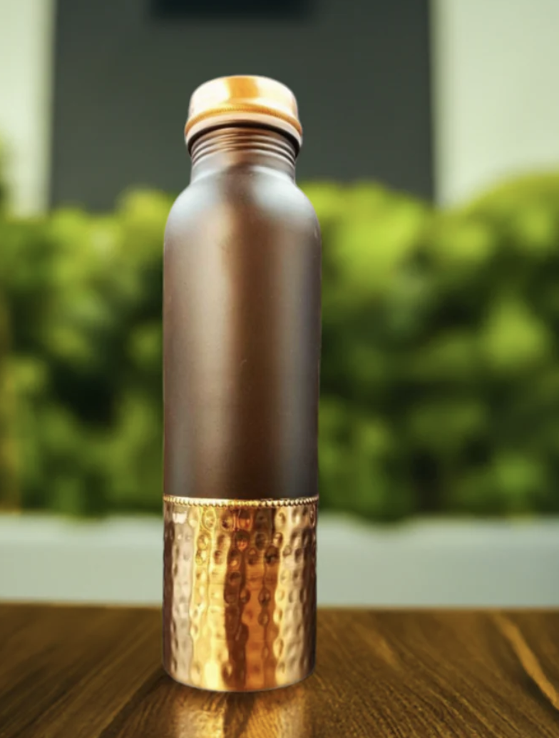 Pure Copper Water Bottle Brown with Half Hammered 900 ML-1