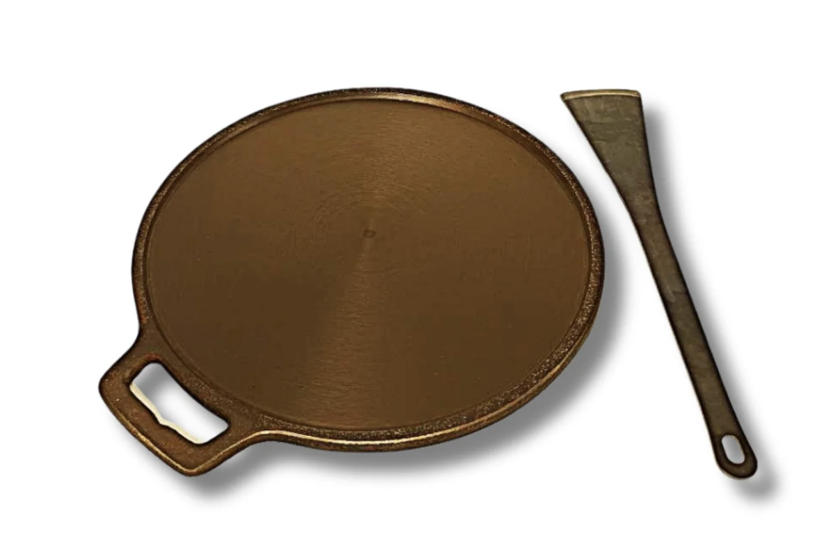 Smooth Golden Finish Cast Iron Roti/Chapati/Dosa Kallu Tawa with Iron Ladle | 11 inch