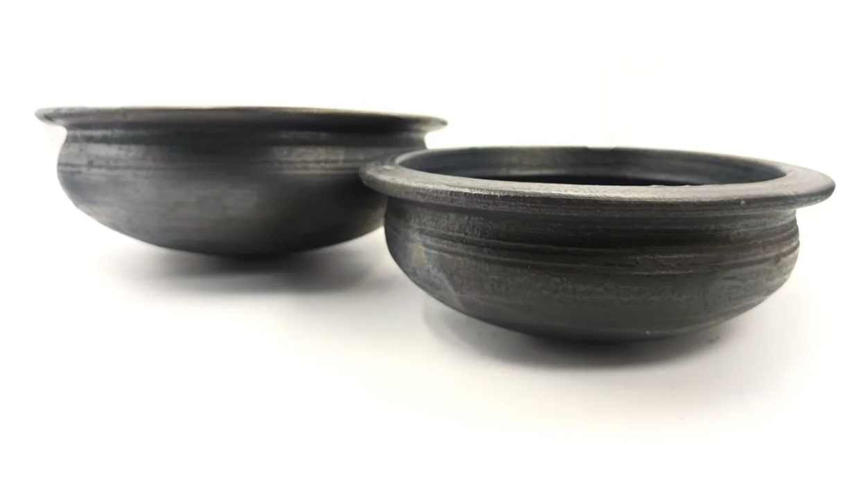 2.5Liter + 4Liter Handcrafted Clay Pan/Pot/Kadai/Earthen/Mud/Mitti Handi - Colour: Black