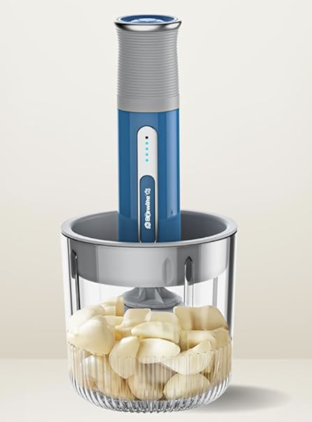 Brewine USB Cordless Vegetable Chopper & Garlic Peeler, 400ml Glass Bowl, Chop, Mince, Puree & Whisk, Stainless Steel Blades, Anti-Skid Pad, One-Touch Operation, 3 Mini Bowls Included, Rechargeable