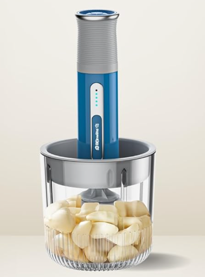 Brewine USB Cordless Vegetable Chopper & Garlic Peeler, 400ml Glass Bowl, Chop, Mince, Puree & Whisk, Stainless Steel Blades, Anti-Skid Pad, One-Touch Operation, 3 Mini Bowls Included, Rechargeable
