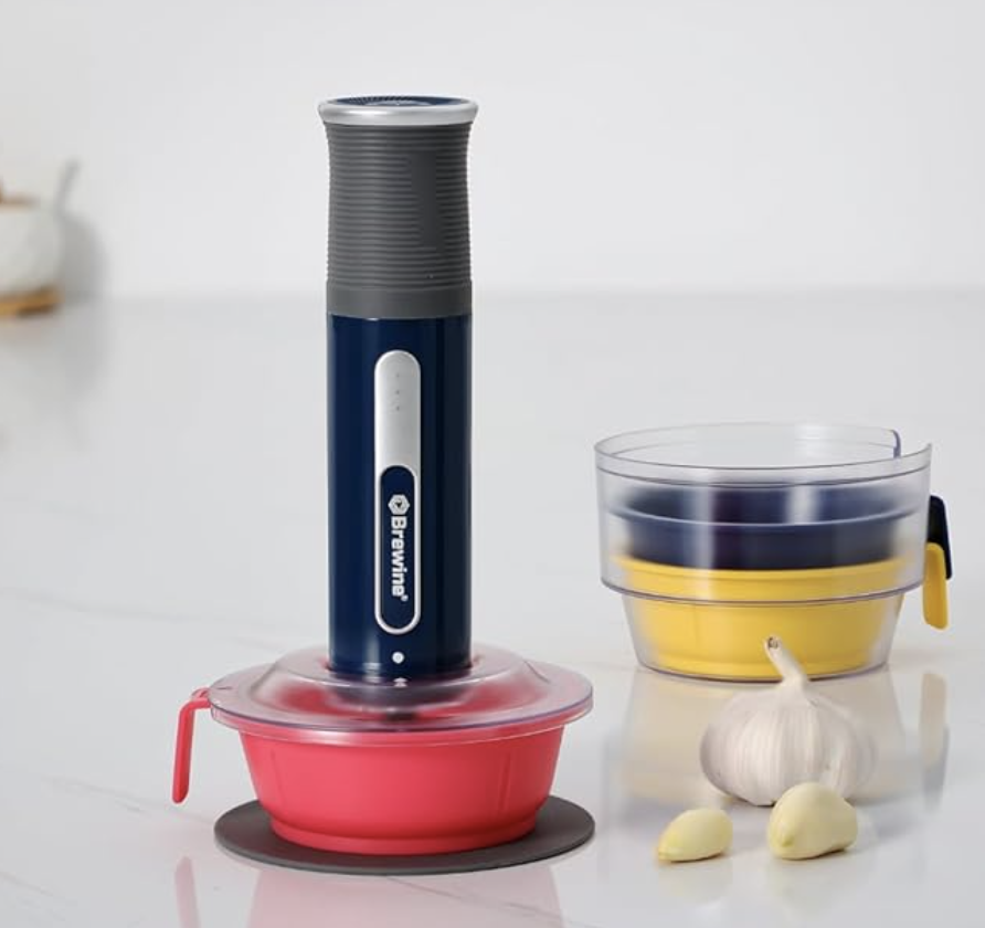 Brewine USB Cordless Vegetable Chopper & Garlic Peeler, 400ml Glass Bowl, Chop, Mince, Puree & Whisk, Stainless Steel Blades, Anti-Skid Pad, One-Touch Operation, 3 Mini Bowls Included, Rechargeable