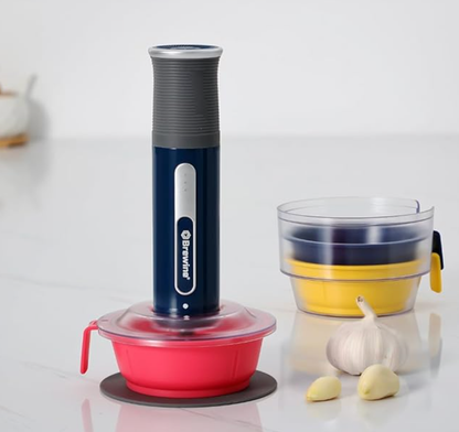 Brewine USB Cordless Vegetable Chopper & Garlic Peeler, 400ml Glass Bowl, Chop, Mince, Puree & Whisk, Stainless Steel Blades, Anti-Skid Pad, One-Touch Operation, 3 Mini Bowls Included, Rechargeable