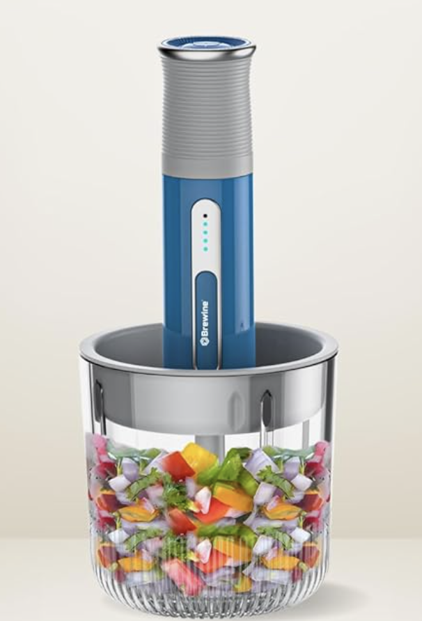 Brewine USB Cordless Vegetable Chopper & Garlic Peeler, 400ml Glass Bowl, Chop, Mince, Puree & Whisk, Stainless Steel Blades, Anti-Skid Pad, One-Touch Operation, 3 Mini Bowls Included, Rechargeable