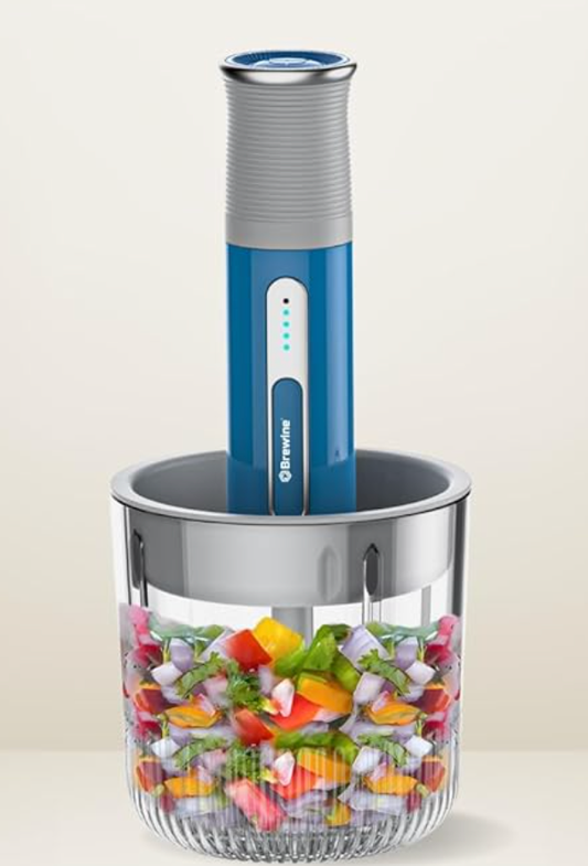 Brewine USB Cordless Vegetable Chopper & Garlic Peeler, 400ml Glass Bowl, Chop, Mince, Puree & Whisk, Stainless Steel Blades, Anti-Skid Pad, One-Touch Operation, 3 Mini Bowls Included, Rechargeable