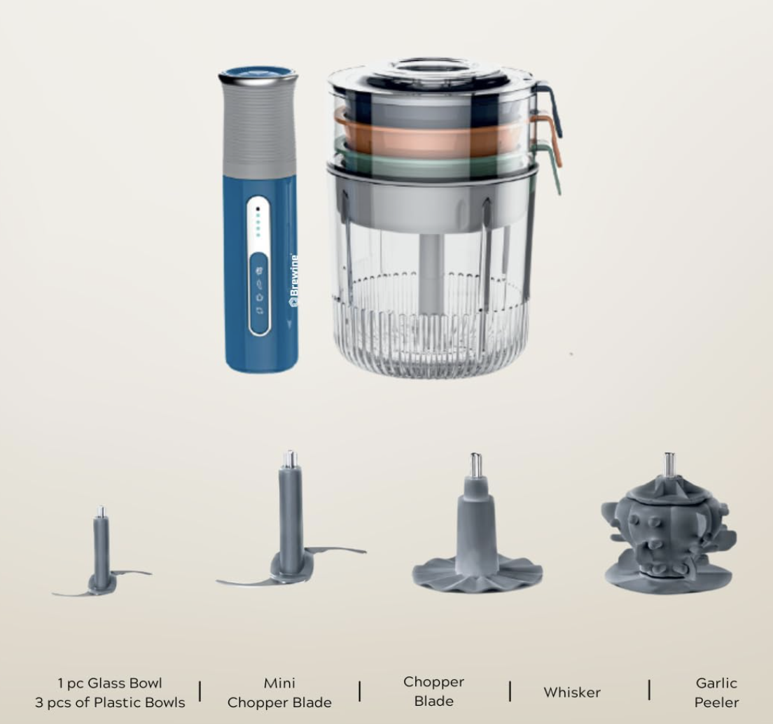 Brewine USB Cordless Vegetable Chopper & Garlic Peeler, 400ml Glass Bowl, Chop, Mince, Puree & Whisk, Stainless Steel Blades, Anti-Skid Pad, One-Touch Operation, 3 Mini Bowls Included, Rechargeable