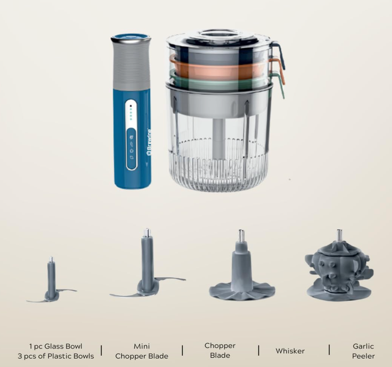 ब्रूइन USB कॉर्डलेस वेजिटेबल चॉपर और गार्लिक पीलर, 400ml ग्लास बाउल, चॉप, मिंस, प्यूरी और व्हिस्क, स्टेनलेस स्टील ब्लेड, एंटी-स्किड पैड, वन-टच ऑपरेशन, 3 मिनी बाउल शामिल, रिचार्जेबल -6