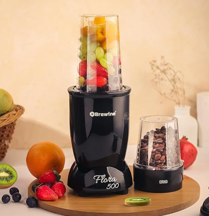 Brewine Flora 500 Nutri Blender | 500W Powerful Copper Motor | 3 Multipurpose Cups | 2-Year Warranty | Smoothies, Spices & Baby Food Maker (Black, 500 Watts Black)