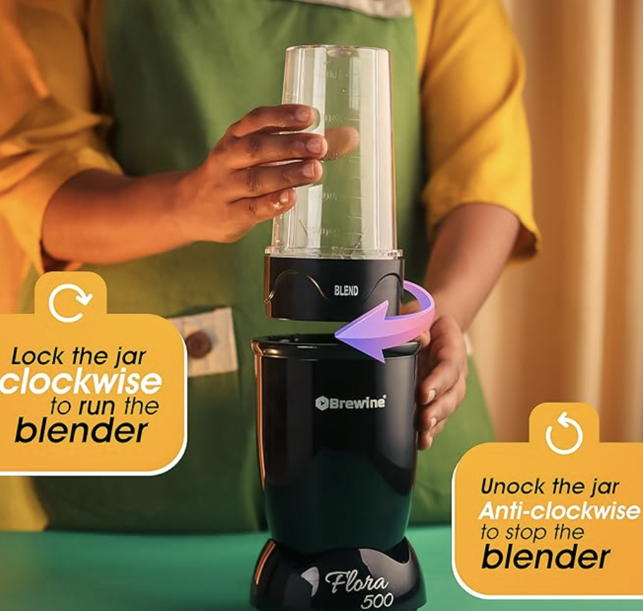 Brewine Flora 500 Nutri Blender | 500W Powerful Copper Motor | 3 Multipurpose Cups | 2-Year Warranty | Smoothies, Spices & Baby Food Maker (Black, 500 Watts Black)